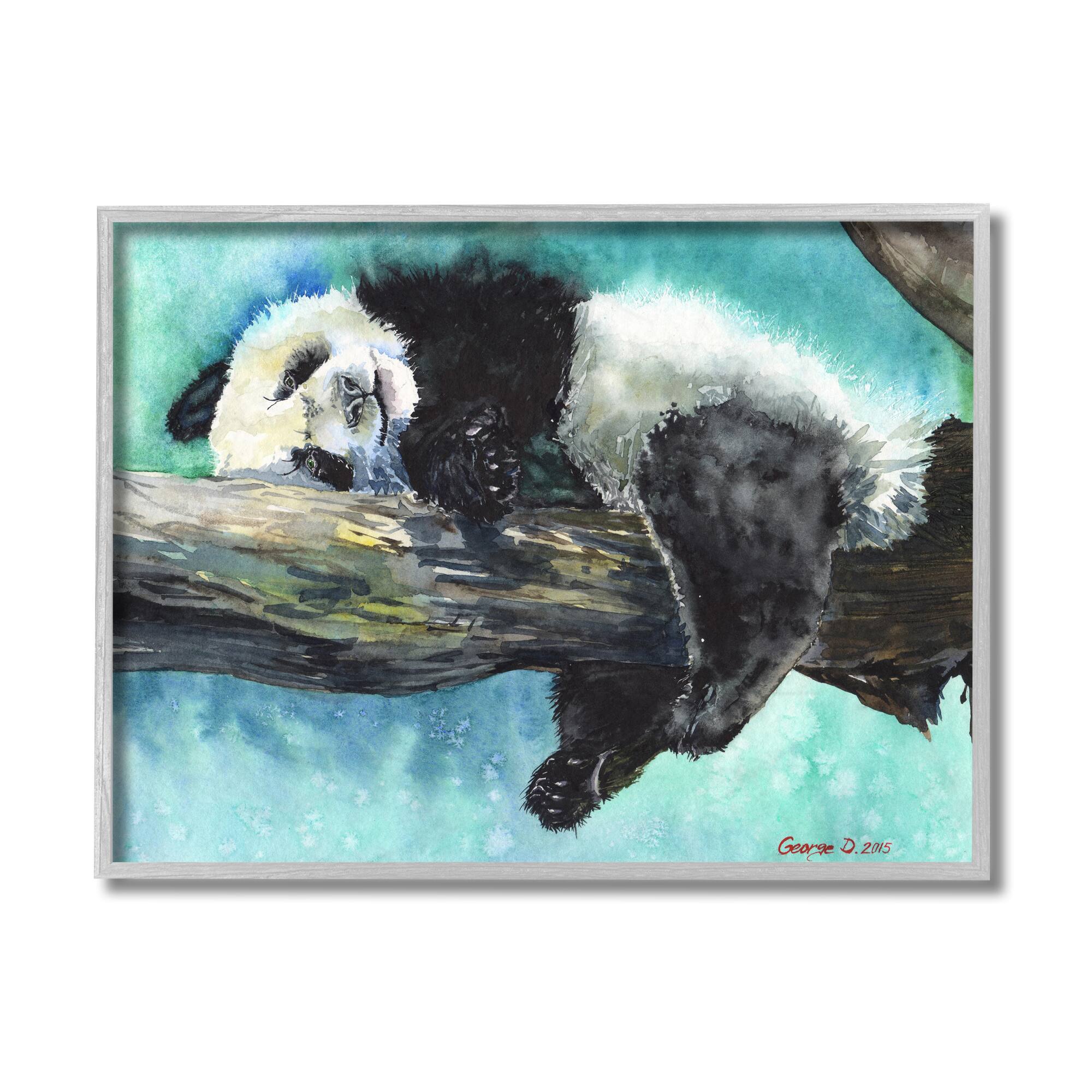 Stupell Industries Sleepy Baby Panda in Tree over Vibrant Blue in Gray Frame Wall Art